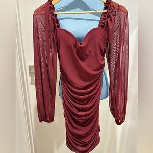 Windsor Red / Burgundy Long Mesh Sleeve Mini Dress